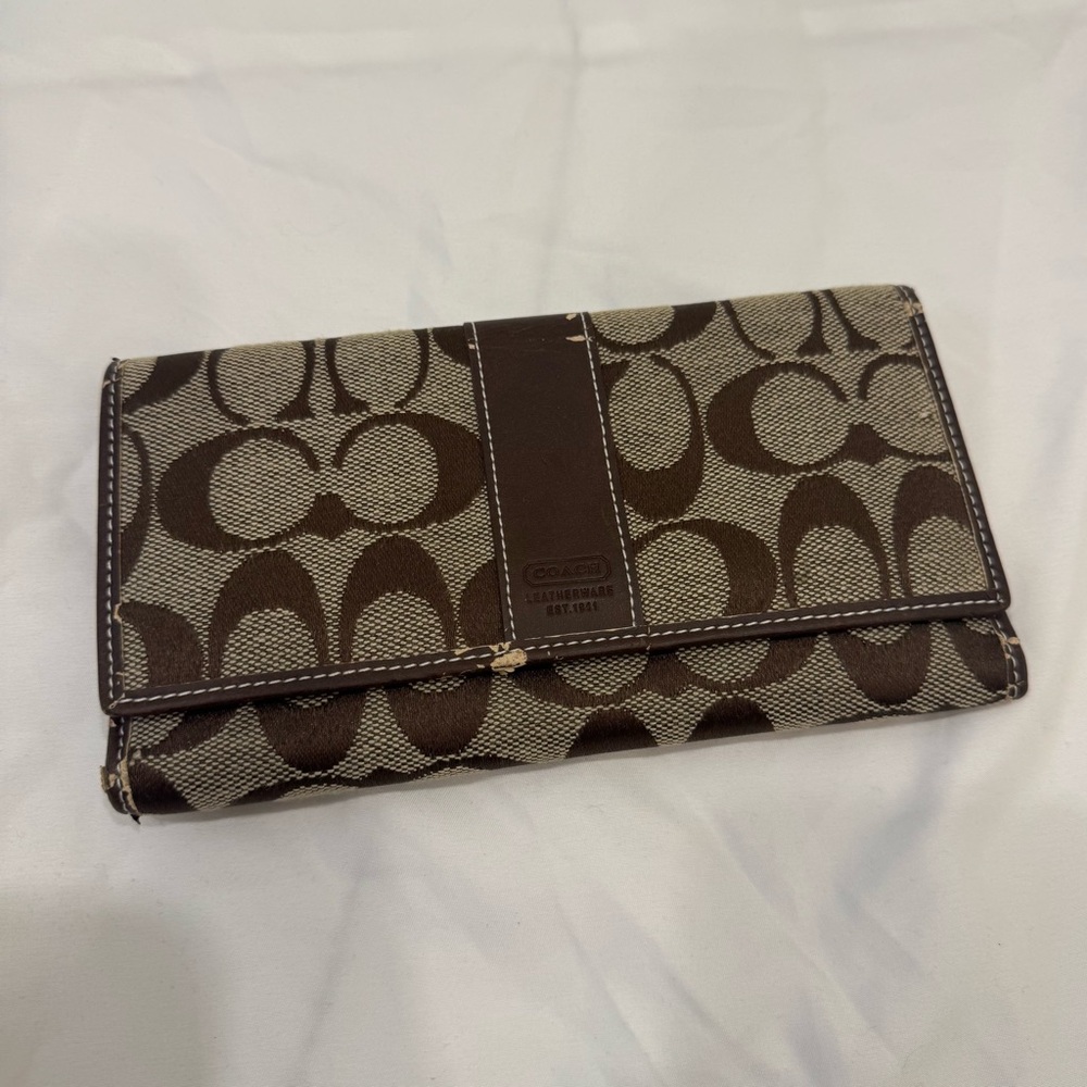 Vintage Coach Signature C Trifold Checkbook Wallet Brown Canvas Leather 1941 Y2K